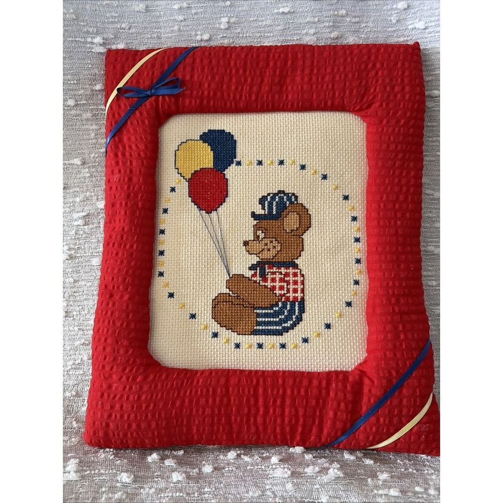 Handmade Framed Cross Stitch – Teddy Bears Balloons Nursery Decor